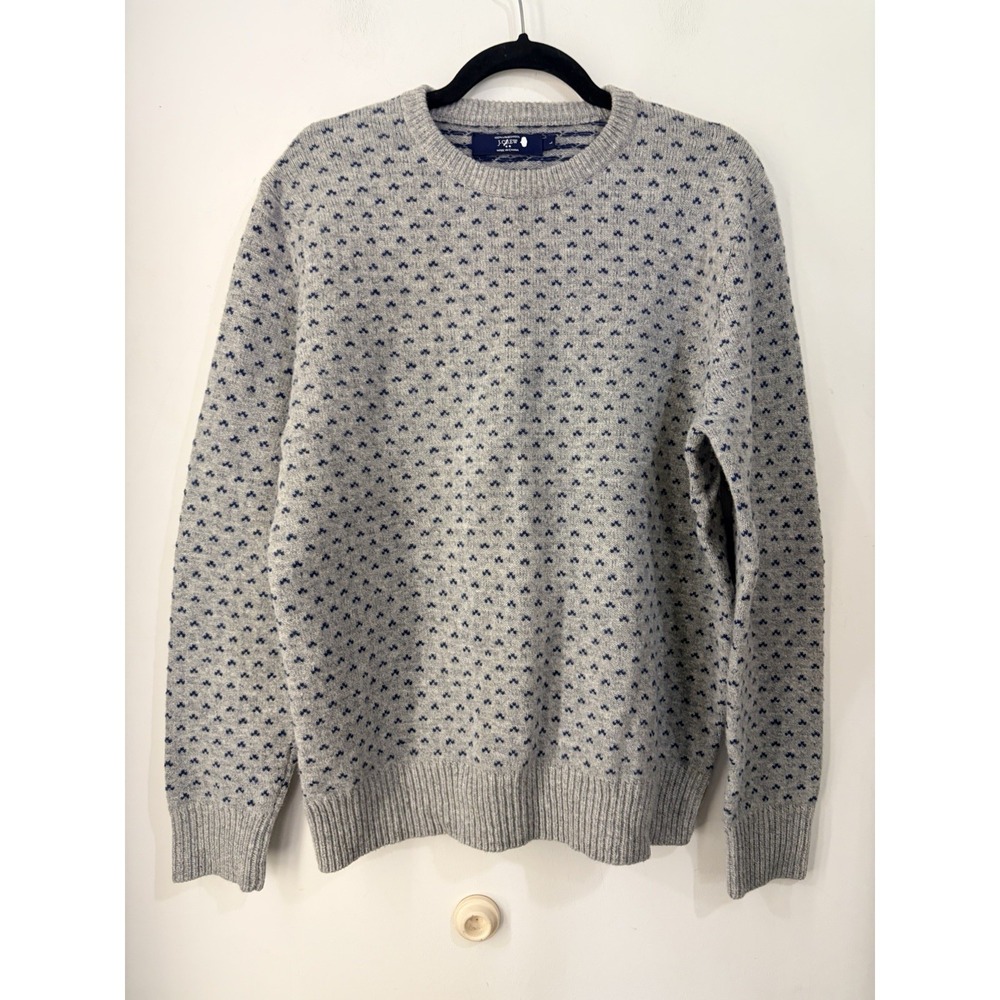 J.Crew Men's Large 100% Lambswool Gray Blue Birdseye Crewneck Sweater